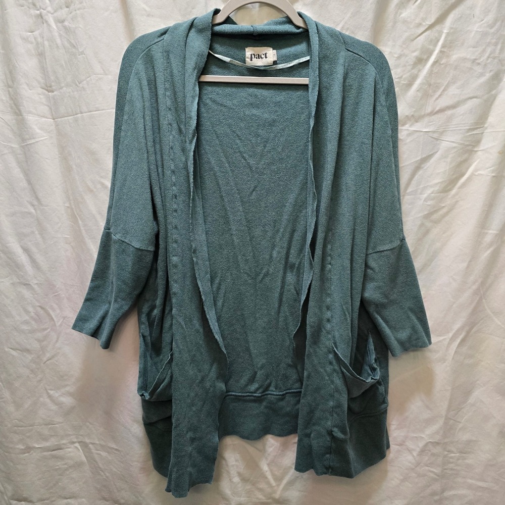 Pact Open Front Cardigan Duster Pockets Knit Comfy Casual Green S/M Organic